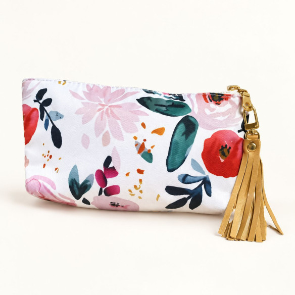 Trousse de voyage pour huiles essentielles – Motif floral et pompon ocre