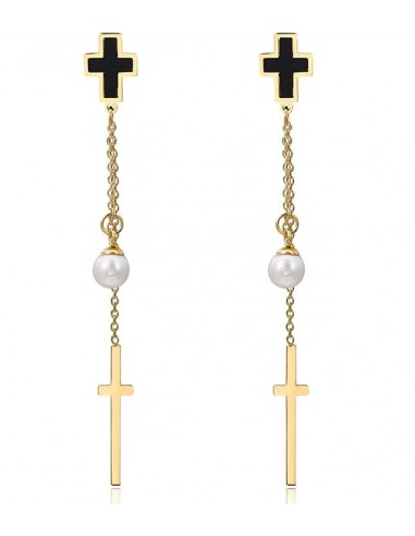Kruis en parel opknoping oorbellen - verguld