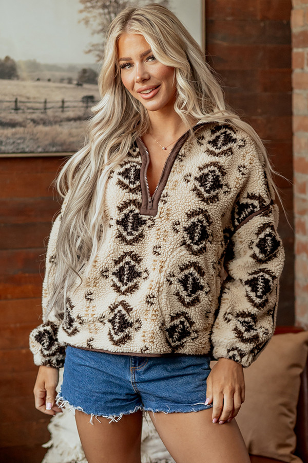 Khaki Western Print Geometric Fleece Pullover Sweatshirt