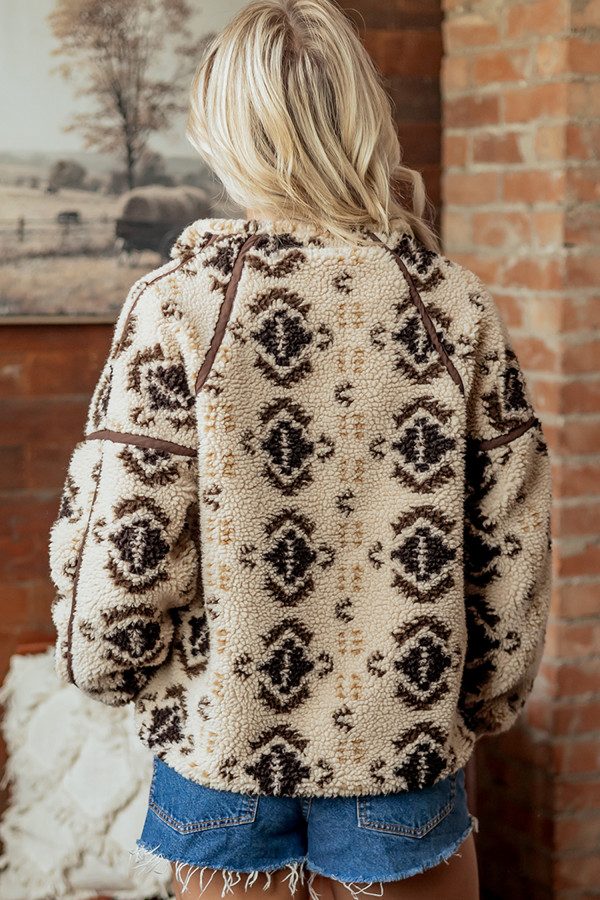 Damen-Fleecepullover Khaki mit Westernmuster | Boho-Chic