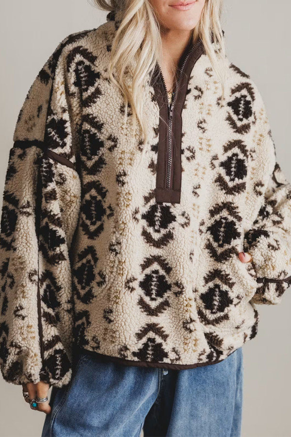 Damen-Fleecepullover Khaki mit Westernmuster | Boho-Chic
