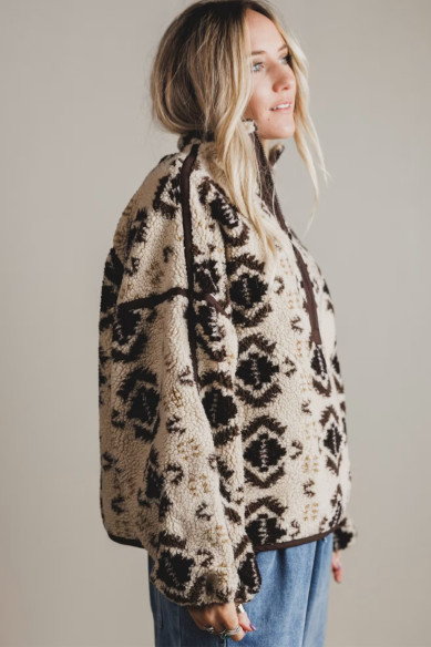 Damen-Fleecepullover Khaki mit Westernmuster | Boho-Chic