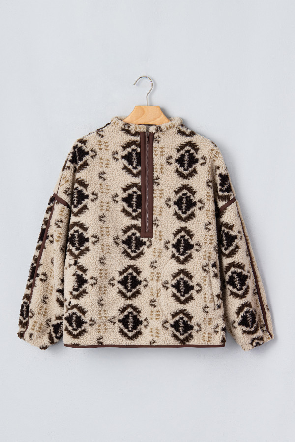 Khaki Western Print Geometric Fleece Pullover Sweatshirt