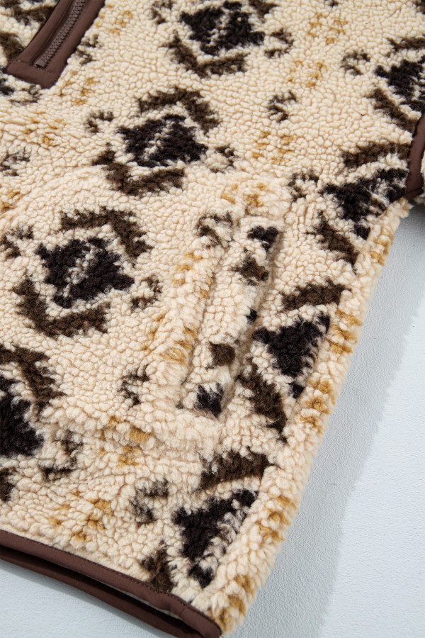 Khaki Western Print Geometric Fleece Pullover Sweatshirt