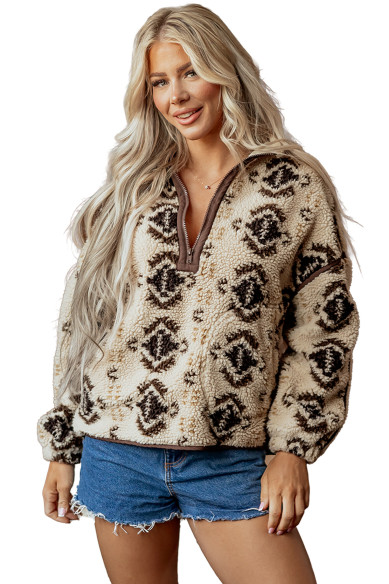 Khaki Western Print Geometric Fleece Pullover Sweatshirt