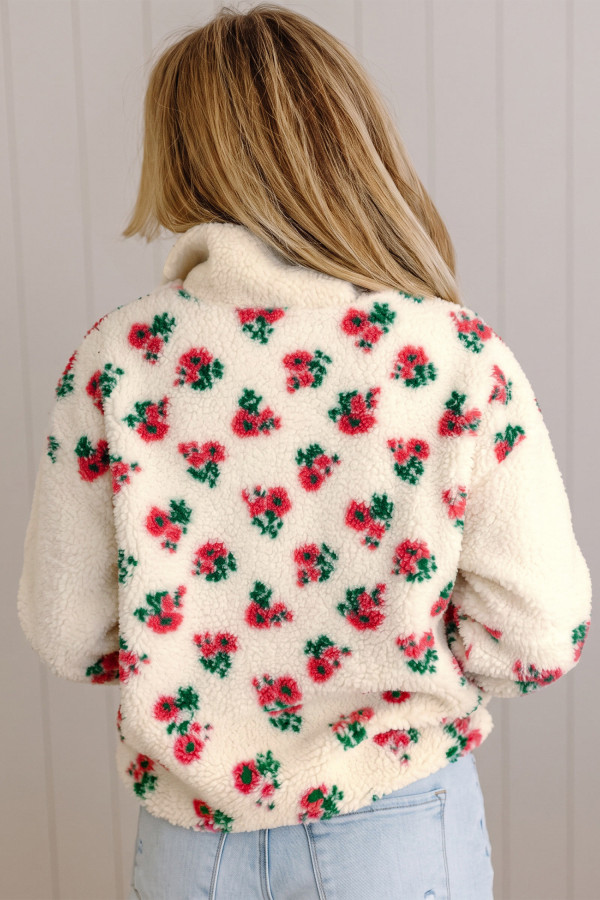 Women’s white floral fleece pullover with button collar