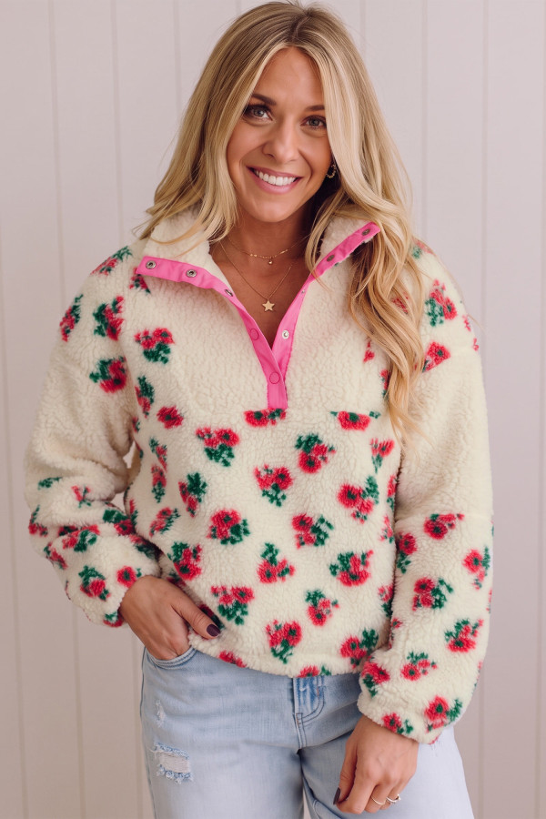 Women’s white floral fleece pullover with button collar
