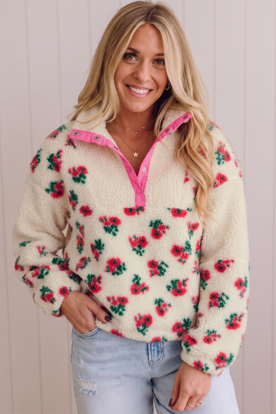 Women’s white floral fleece pullover with button collar