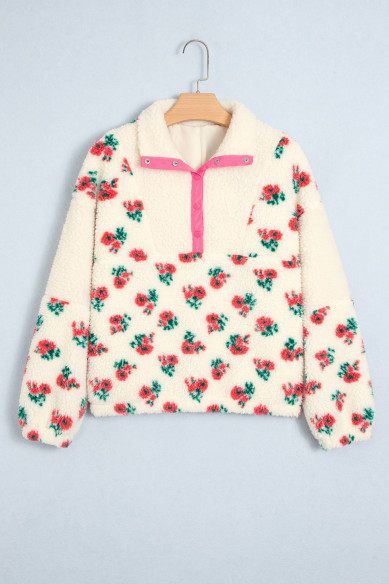 Damen-Fleecepullover weiß mit Blumen und Knopfkragen