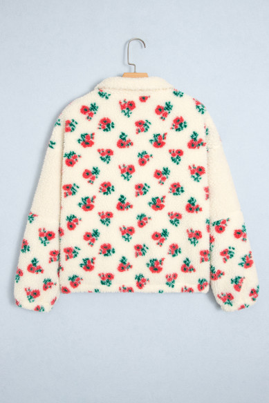 Women’s white floral fleece pullover with button collar