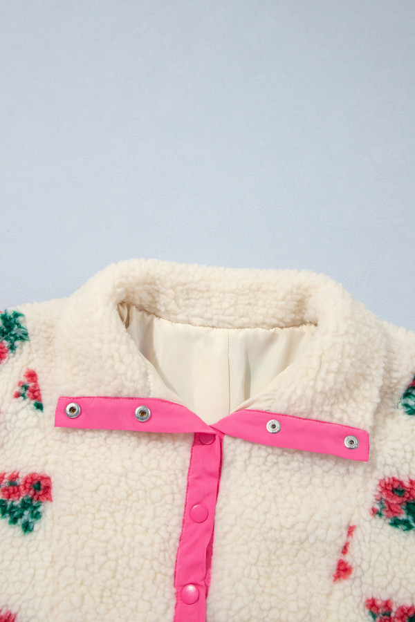 White Floral Print Fleece Contrast Trim Button Collar Sweatshirt
