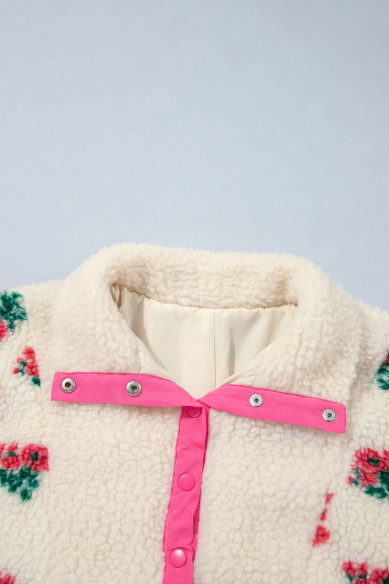 White Floral Print Fleece Contrast Trim Button Collar Sweatshirt