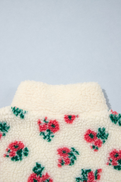 Women’s white floral fleece pullover with button collar