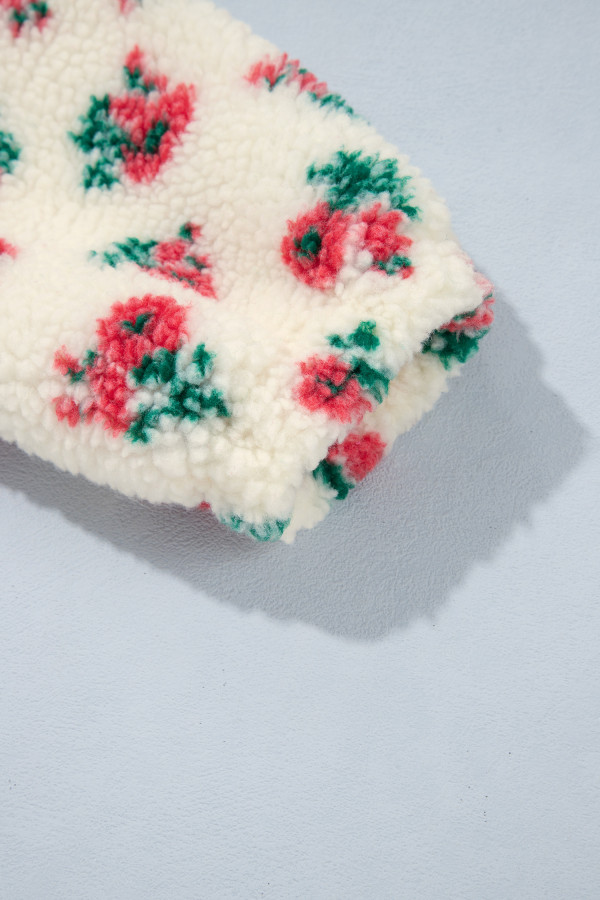 Witte fleece trui dames met bloemen en knoopkraag