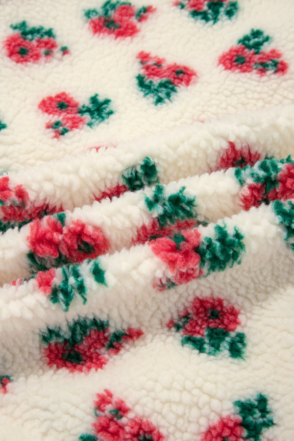 Witte fleece trui dames met bloemen en knoopkraag
