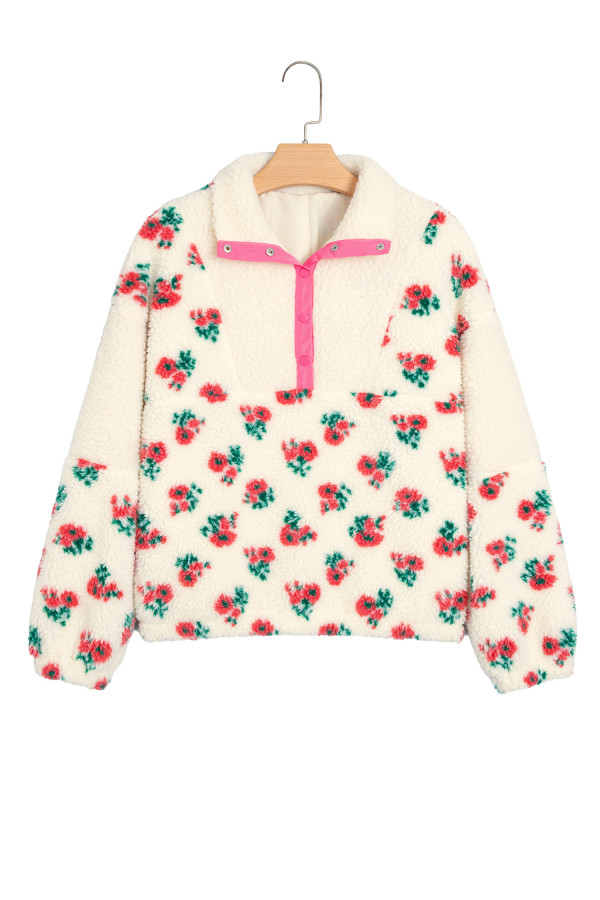 White Floral Print Fleece Contrast Trim Button Collar Sweatshirt