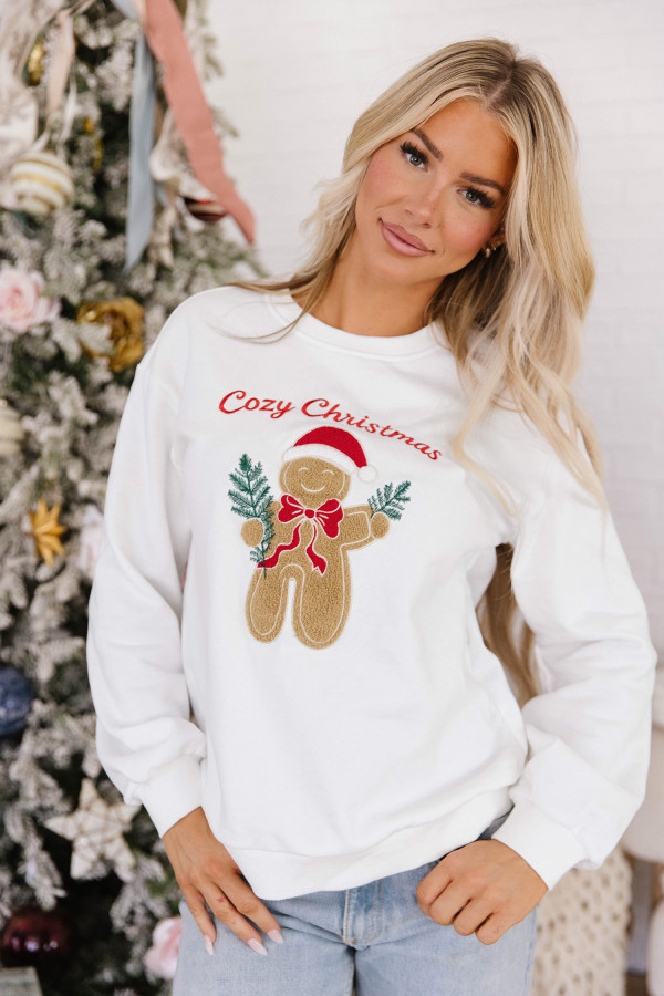 Weißes Weihnachts-Sweatshirt mit Lebkuchen | Look Hippie Chic