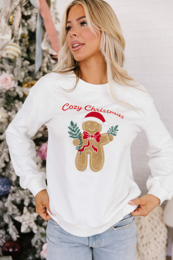 Witte kersttrui dames met peperkoekmotief | Look Hippie Chic