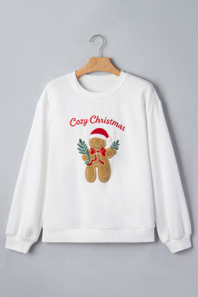 White Embroidered Gingerbread Cozy Christmas Long Sleeve Round Neck Pullover Sweatshirt