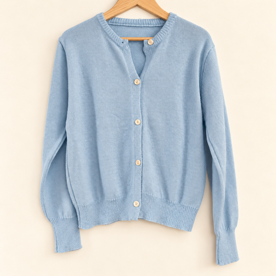 Sky Blue Women’s Knitted Cardigan with Round Neck and Buttons