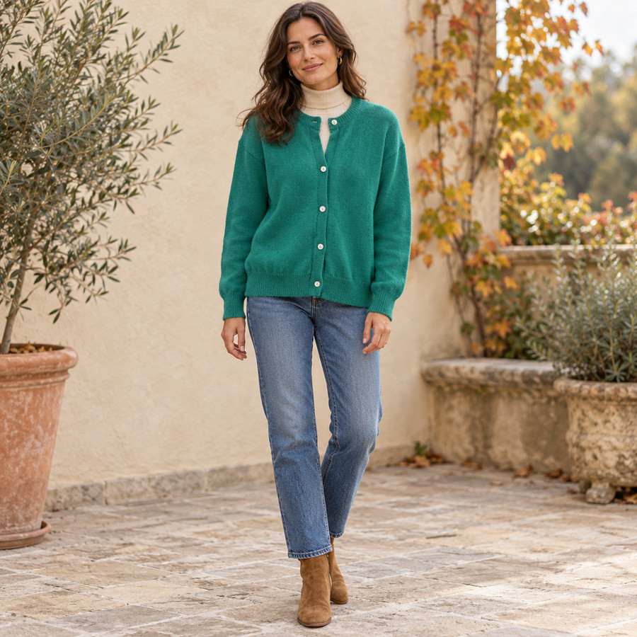 Gilet femme vert en maille à col rond | Look Hippie Chic