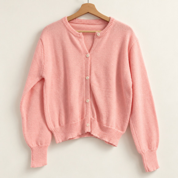 Hellrosa Damenstrickjacke mit Rundhals | Look Hippie Chic