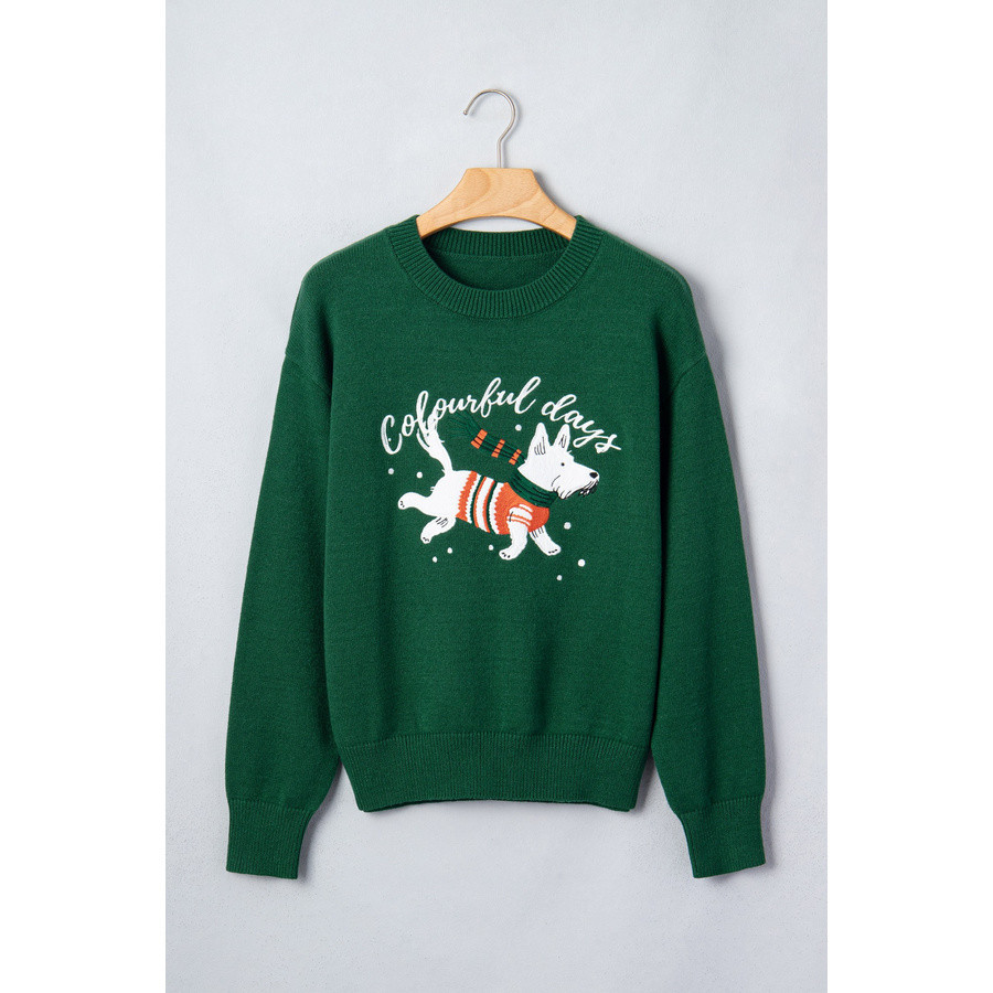 Pull de Noël femme vert foncé chien brodé | LHC