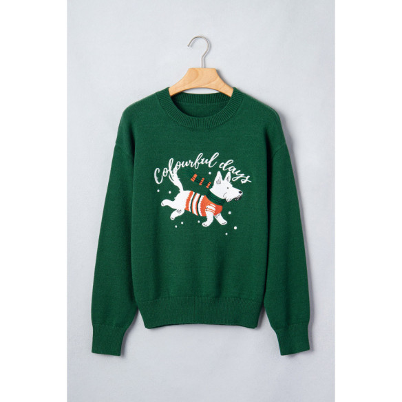 Pull de Noël femme vert foncé chien brodé | LHC