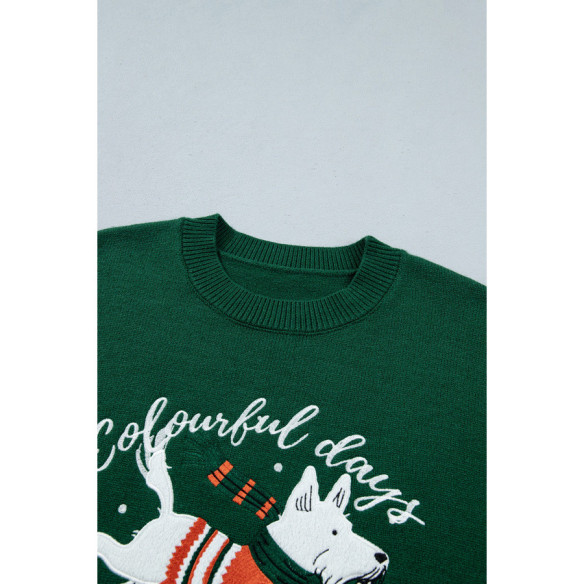 Pull de Noël femme vert foncé chien brodé | LHC