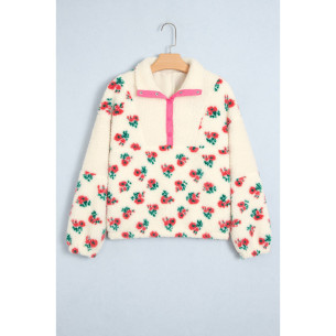 Weißer Damen-Fleecepullover mit Blumenmuster und Knopfleiste