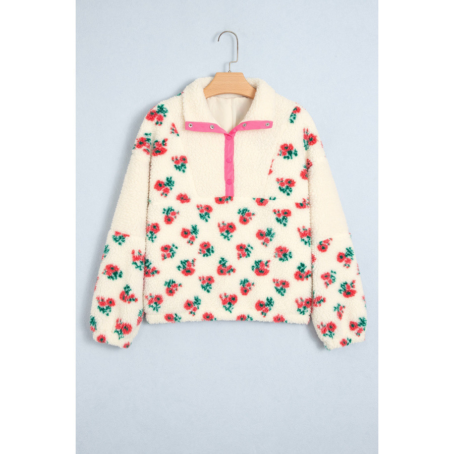 Weißer Damen-Fleecepullover mit Blumenmuster und Knopfleiste
