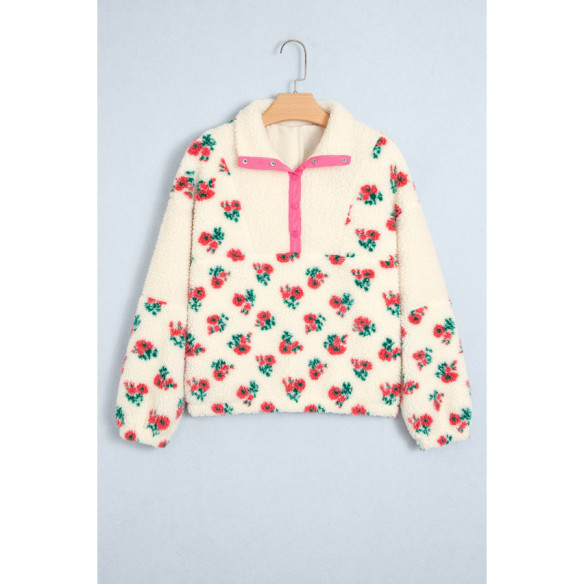 Witte fleece sweater voor dames met bloemenprint en knoopkraag