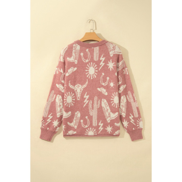 Pull femme rose pêche à motifs cactus | Look Hippie Chic