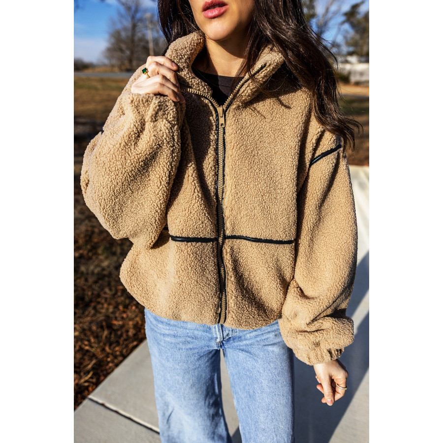 Women’s ecru fleece jacket with trim | Look Hippie Chic