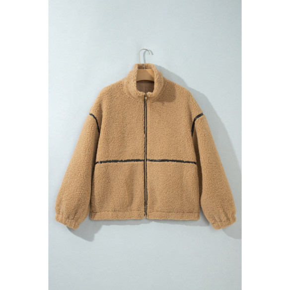 Women’s ecru fleece jacket with contrast trim