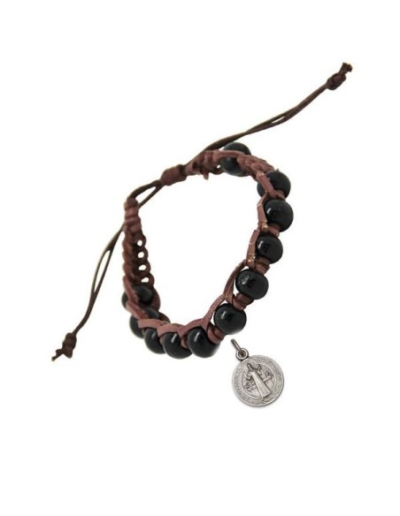 Armband aus Holz und schwarzem Leder mit Medaille des Heiligen Benedikt