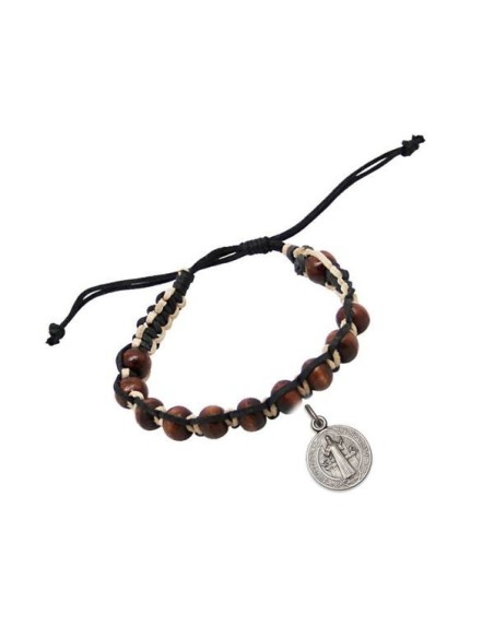 Bracelet dizaine bois et cuir brun avec médaille Saint benoît